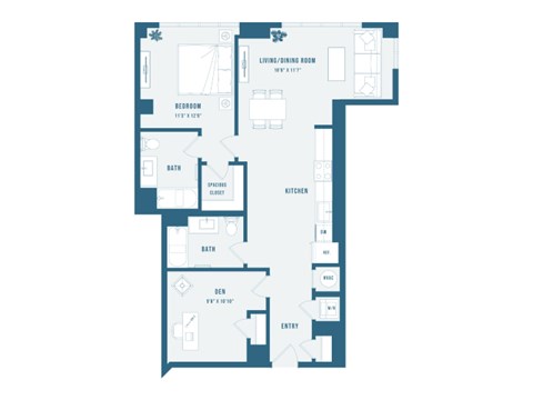 Floor plan for 1 bed, 2 baths, 1042 sqft